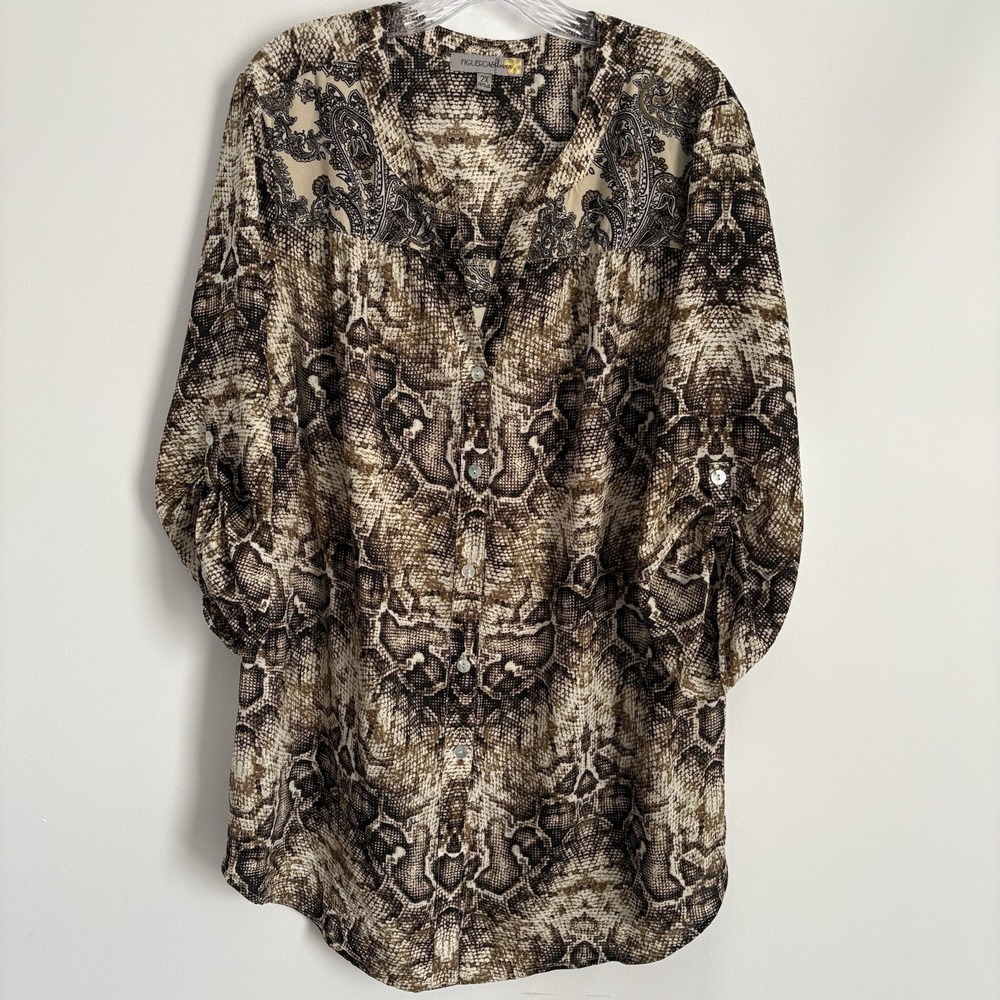 Figueroa & Flower Women's Snake Print Paisley Top Size 2X Roll Tab Sleeve Office
